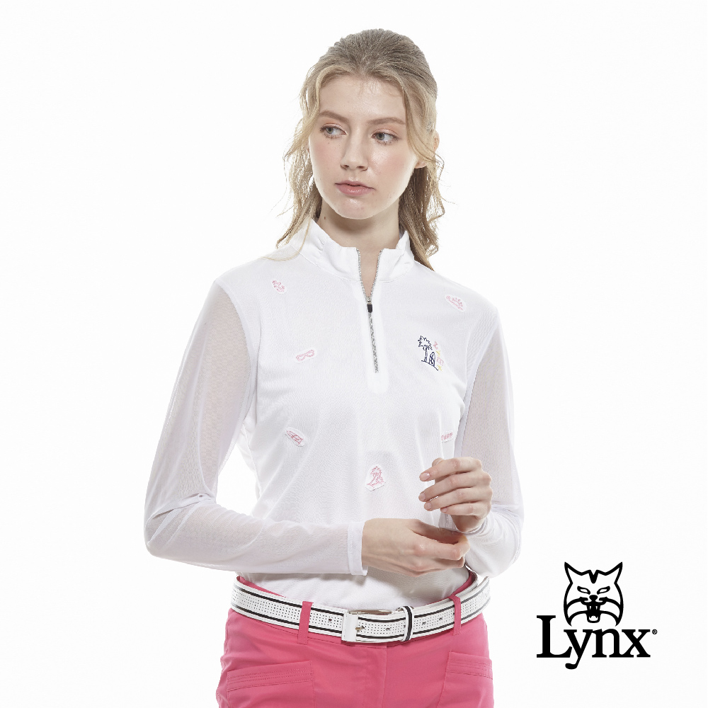 【Lynx Golf】女款吸濕排汗兩袖剪接網紗海洋風印花長袖立領POLO衫-白色
