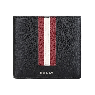 BALLY Teisel立體銀字LOGO條紋設計防刮牛皮4卡對折短夾(黑x紅白條紋)