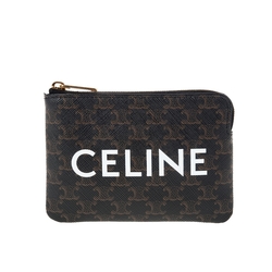 CELINE 經典CELINE品牌LOGO TRIOMPHE帆布小牛皮帶鉤零錢包