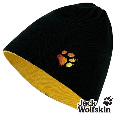 【Jack wolfskin飛狼】小狼爪LOGO條紋針織保暖帽 雙面戴毛帽『黑配黃』