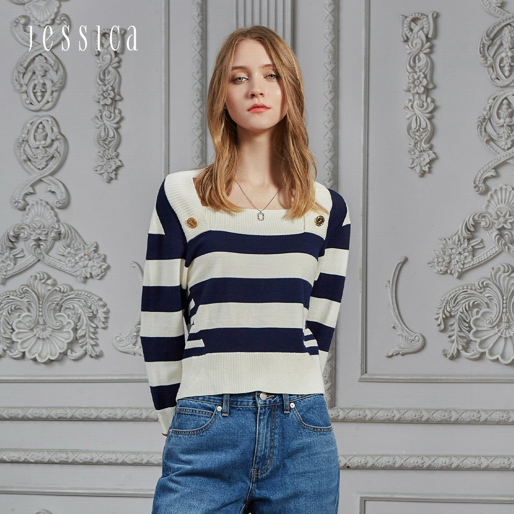 JESSICA - 時尚條紋舒適百搭修身顯瘦針織衫（藍白）