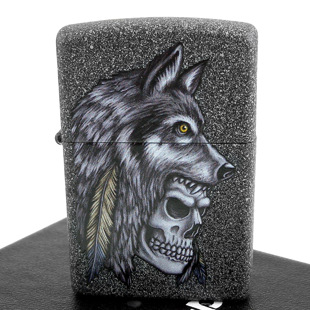 ZIPPO 美系~Wolf Skull Feather-狼-骷髏-羽毛圖案設計打火機