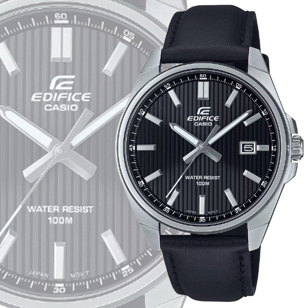 CASIO 卡西歐 EDIFICE 堅實俐落時標 大三針運動風腕錶-黑 皮革錶帶 EFV-150L-1AV