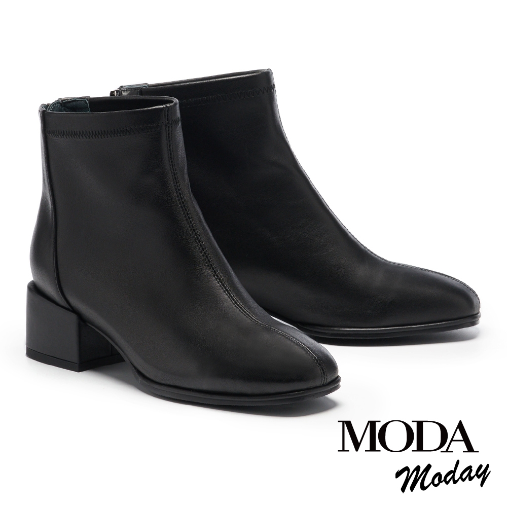 短靴 MODA MODAY 極簡時髦主義牛皮粗高跟短靴－黑