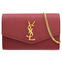 YSL Saint Laurent Uptown 金屬LOGO小牛皮翻蓋WOC斜背鍊包(深紅-附活動卡夾)