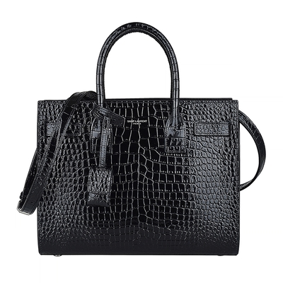 YSL SAINT LAURENT SAC DE JOUR 燙銀LOGO亮面鱷魚紋牛皮開口式手風琴手提斜背包(展示品/黑)