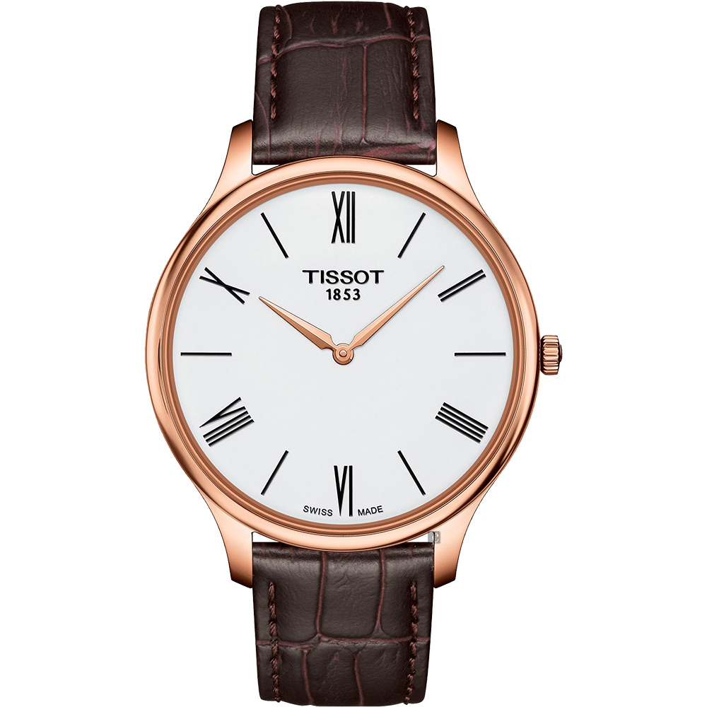 TISSOT 天梭 官方授權 Tradition 羅馬薄型石英錶-白x咖啡/39mm T0634093601800