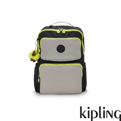 Kipling 黑灰撞色螢光綠手提後背兩用包-KAGAN B