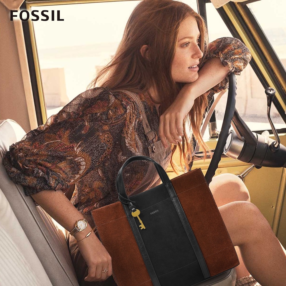 FOSSIL Carmen 麂皮兩用手提包-黑X棕色 ZB1362199