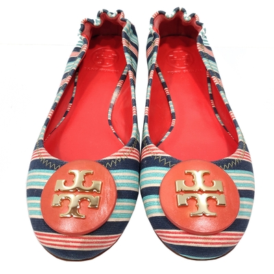 【TORY BURCH】立體金色LOGO多彩線條帆布平底娃娃鞋