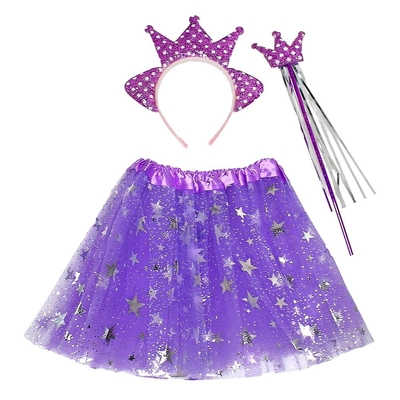摩達客★萬聖派對變裝扮★兒童紫色皇冠公主裙仙子裝三件組(髮箍/紗裙/仙女棒) ★Cosplay