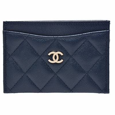 CHANEL 經典菱格粒紋牛皮雙C LOGO金釦萬用信用卡夾(深藍)