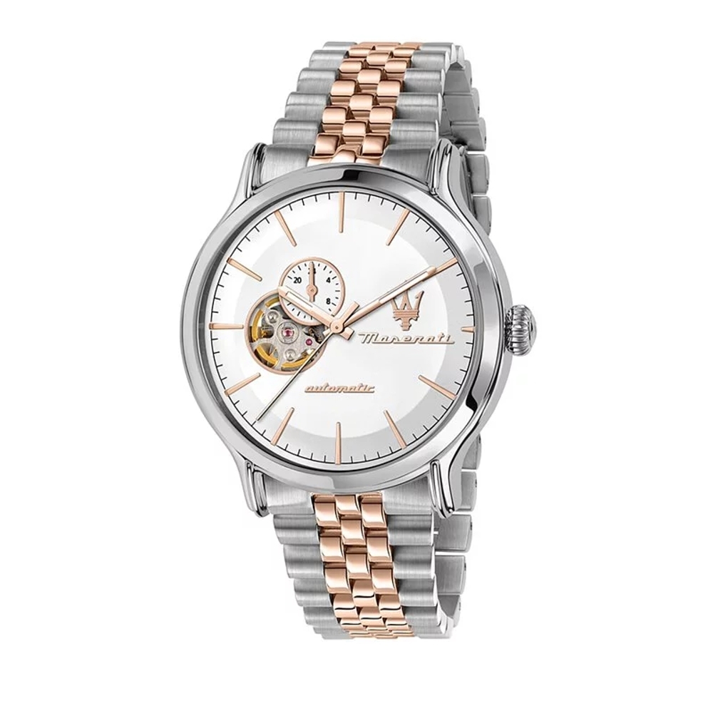 MASERATI TIME 瑪莎拉蒂 Epoca系列 銀色錶面玫瑰金X銀雙色鋼帶男腕錶 R8823118008