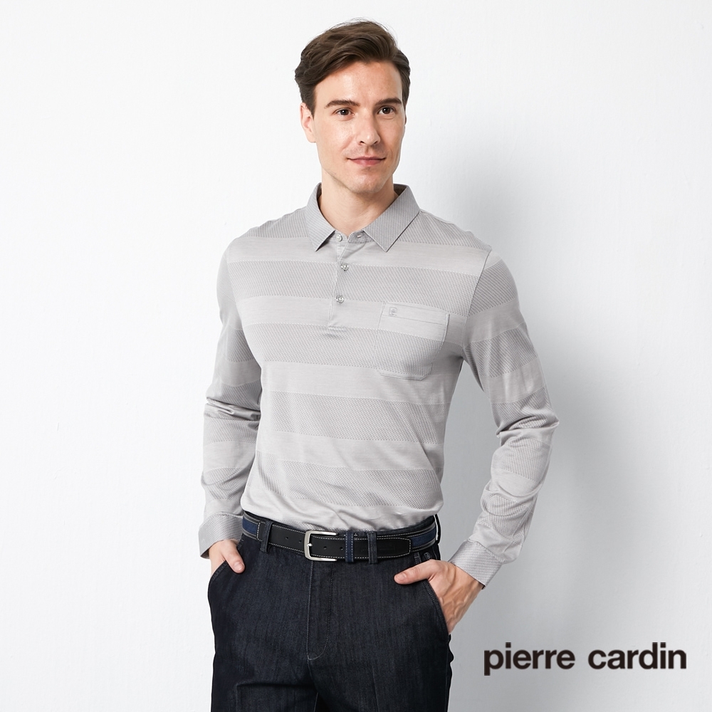 Pierre Cardin皮爾卡登 男款 緹花橫條長袖polo衫-淺灰色(5205206-96)