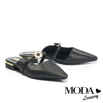拖鞋 MODA Luxury 古典優雅緞布圓形穿釦低跟穆勒拖鞋－黑