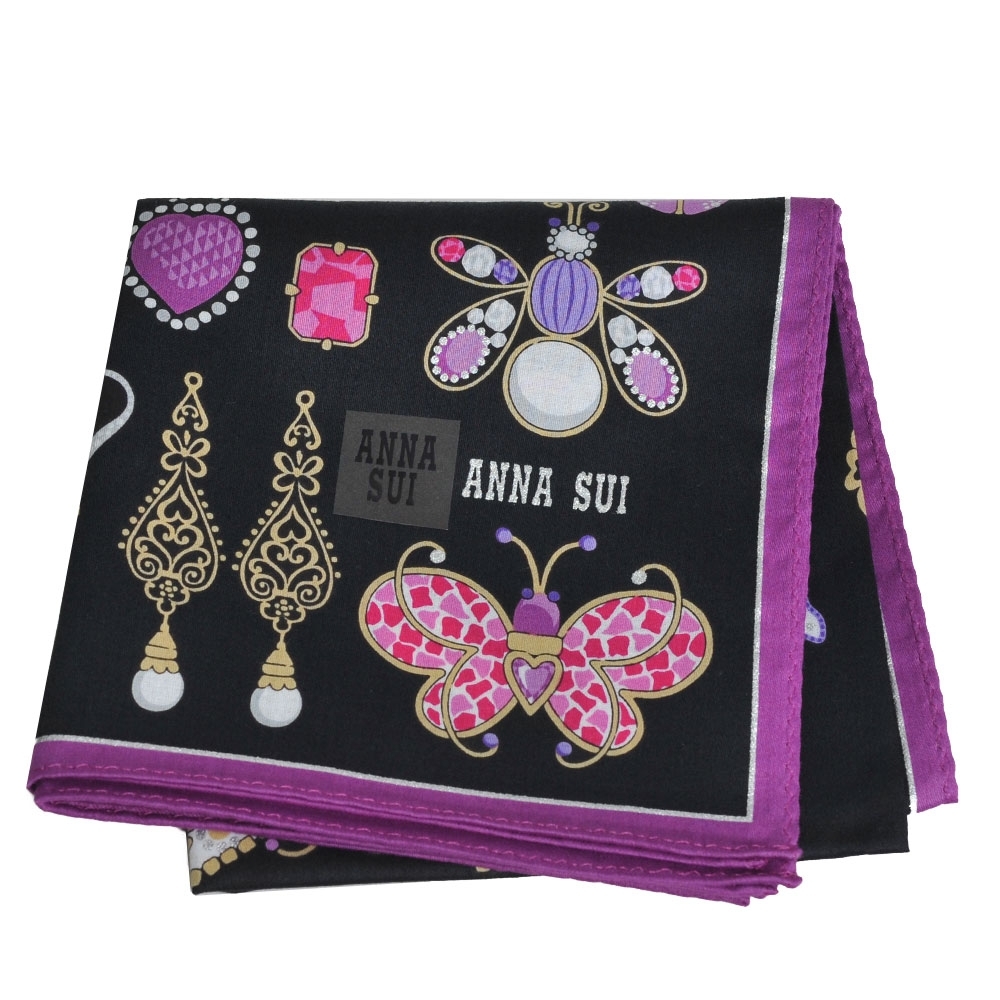 ANNA SUI 繽紛珠寶飾品圖騰字母LOGO帕領巾(黑色)