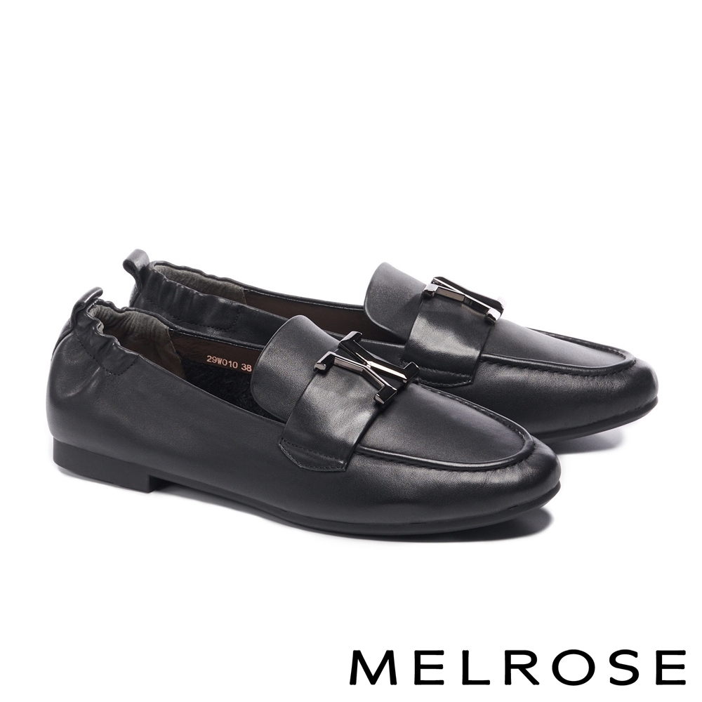 低跟鞋 MELROSE 質感知性金屬飾釦全真皮樂福低跟鞋－黑