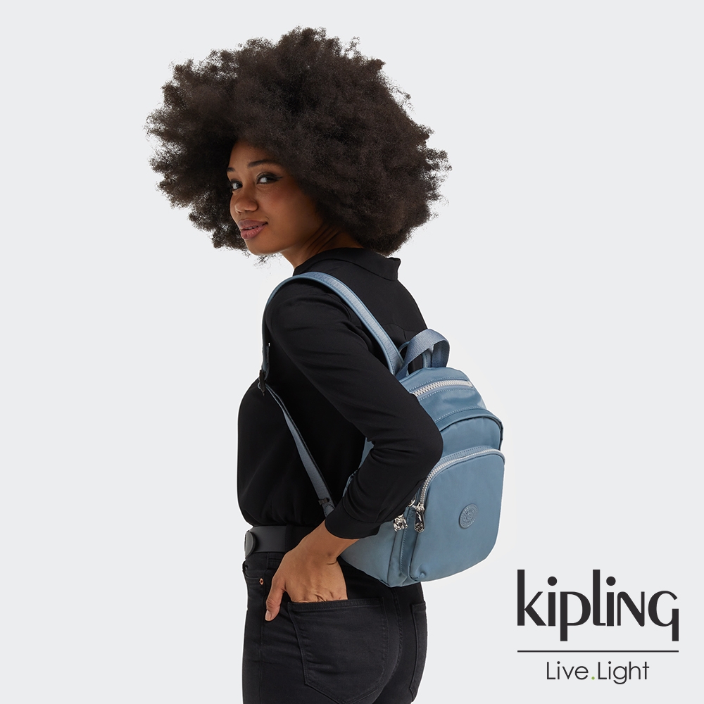 Kipling 消光迷霧灰藍拉鍊式小巧收納後背包-DELIA MINI
