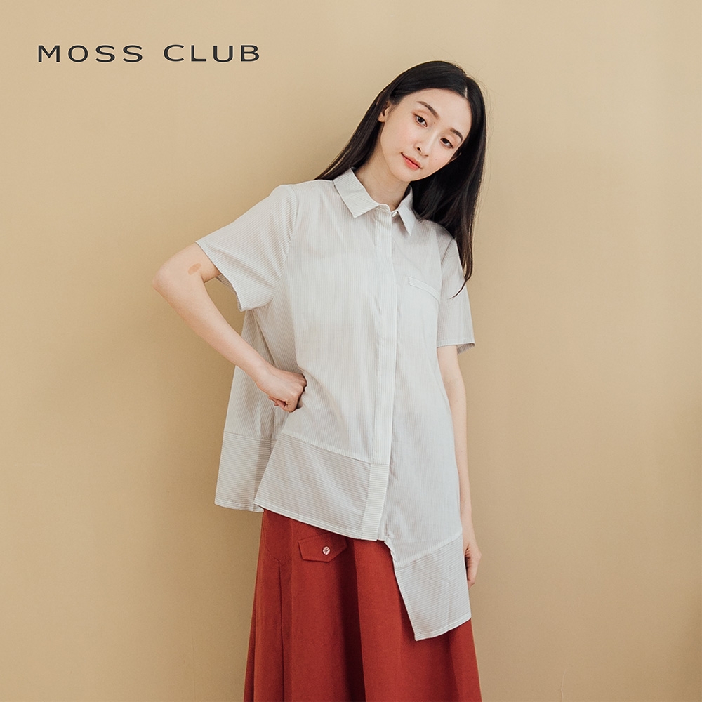 【MOSS CLUB】MIT製 不規則剪裁-女短袖襯衫(二色/版型適中)