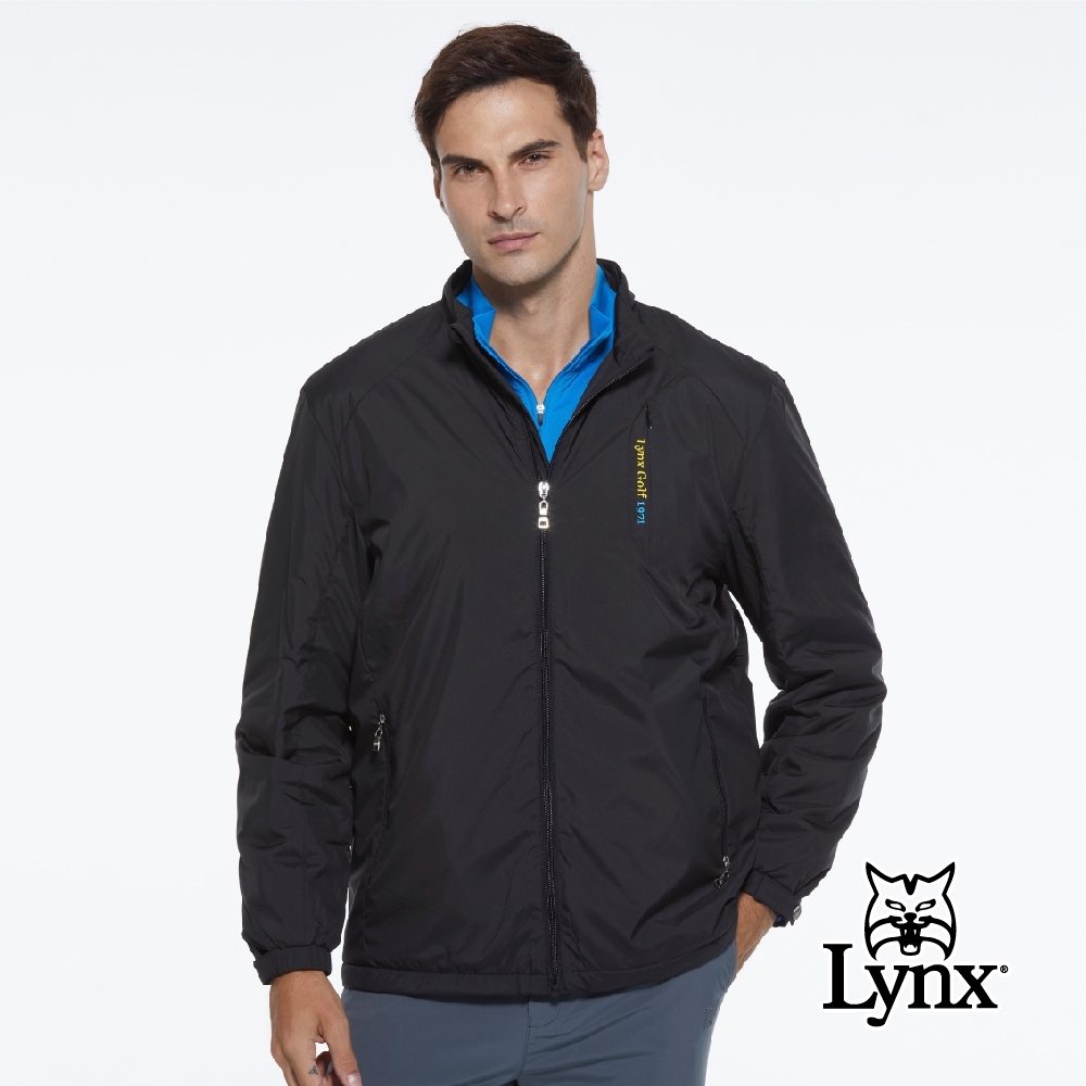 【Lynx Golf】男款防風保暖鋪棉素面隱形拉鍊口袋設計長袖外套-黑色