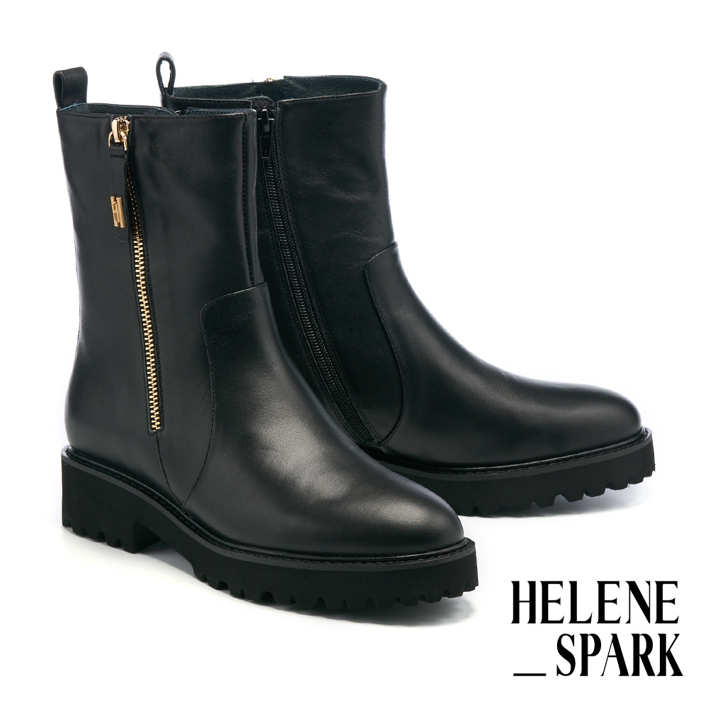 短靴 HELENE SPARK 率性質感雙 H 釦全真皮厚底短靴－黑