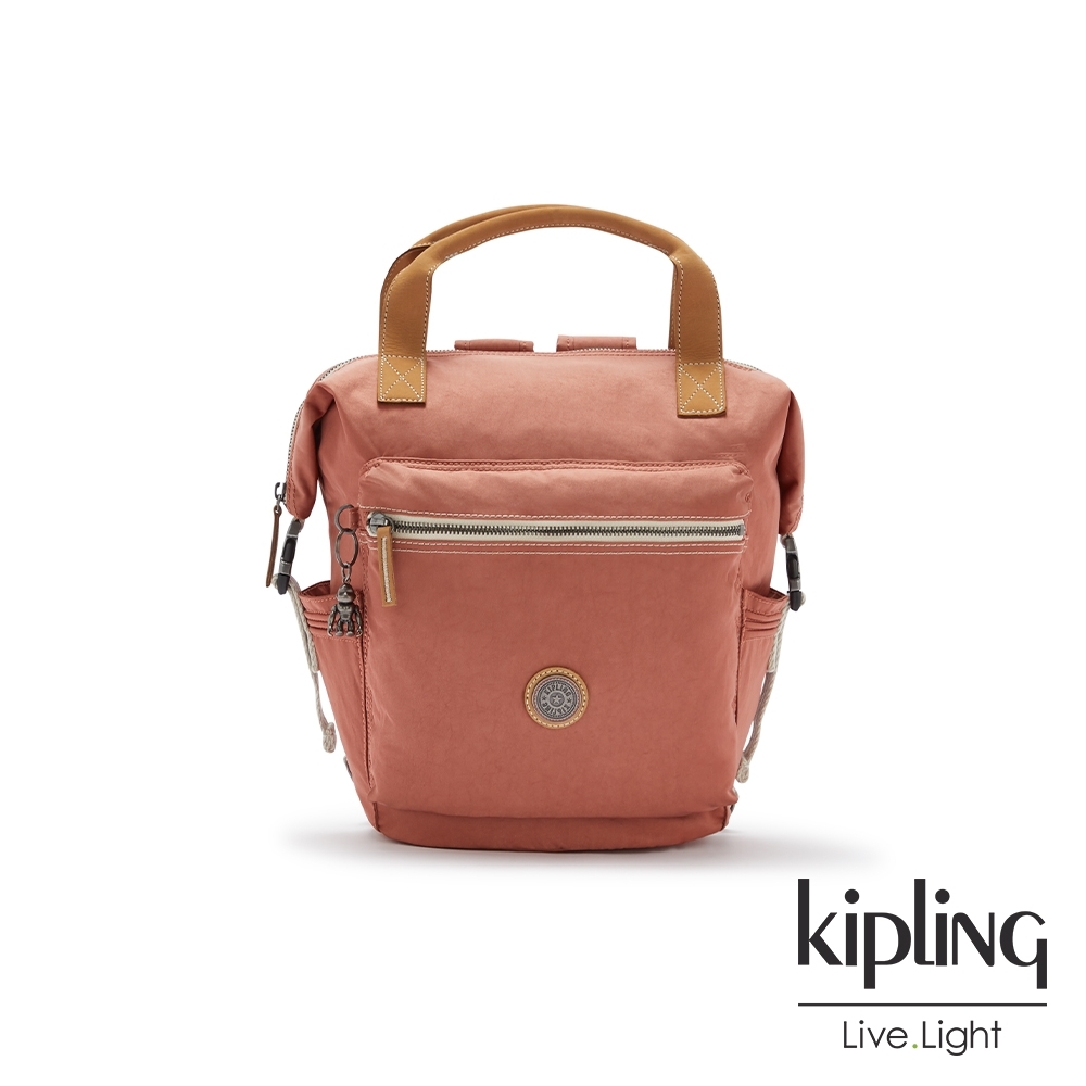 Kipling 柔霧甜美粉橘雙側插扣手提後背兩用包-TSUKI S