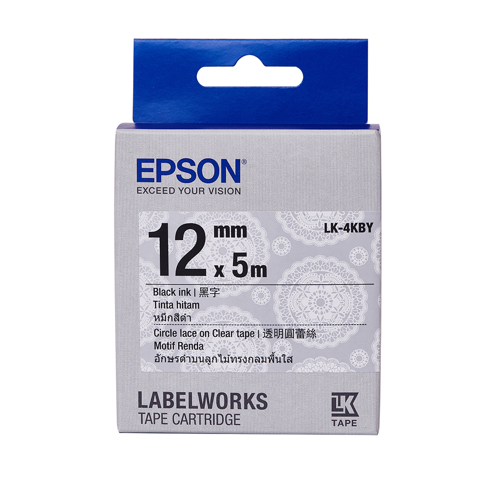 EPSON LK-4KBY Pattern系列透明圓蕾絲底黑字標籤帶(寬度12mm)