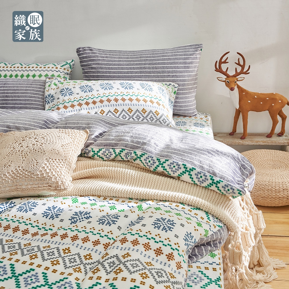 織眠家族 冬暖實日-法蘭絨加大兩用毯被床包組-松果可可