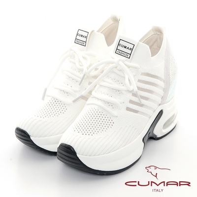 【CUMAR】厚底氣墊飛織布彈力休閒鞋-白