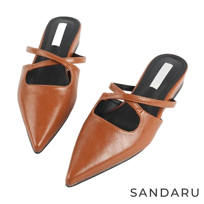 山打努SANDARU-穆勒鞋 素面尖頭交叉設計低跟拖鞋-棕