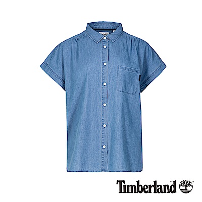 Timberland 女款水洗藍單口袋休閒短袖襯衫|B3605