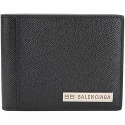 BALENCIAGA Plate BB金屬飾牌壓紋牛皮對折短夾(黑色)