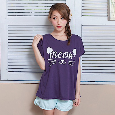 睡衣 彈性棉質短袖兩件式睡衣(C01-100549紫色大臉貓咪) Young Curves