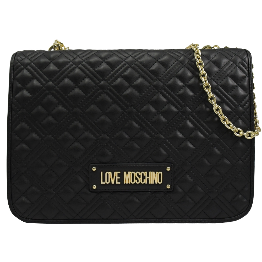 MOSCHINO LOVE系列金屬LOGO菱格紋翻蓋磁釦斜背鍊包(黑-大)