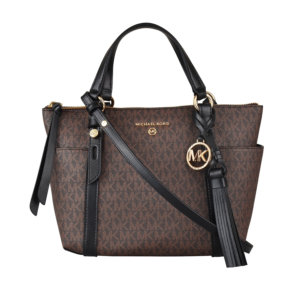 MK MICHAEL KORS ELSON 金字LOGO 印花PVC手提肩背拉鍊托特包(褐x黑)