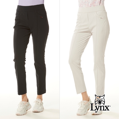 【Lynx Golf】女款日本進口布料吸汗速乾抗UV功能寬腰頭設計造型剪裁九分窄管長褲-二色