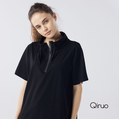 【Qiruo 奇若名品】專櫃黑色短袖立領設計精品造型女裝上衣4121A