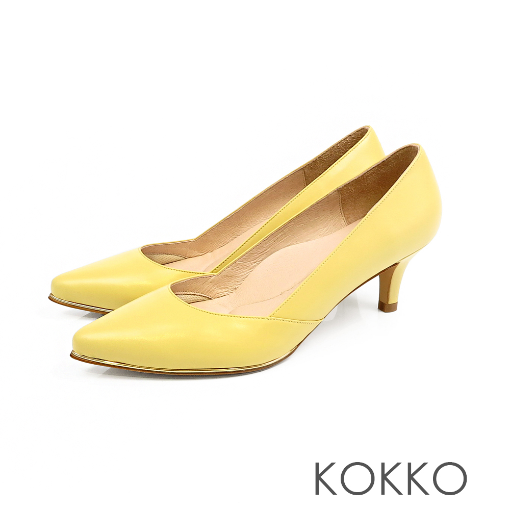 KOKKO - 女王品味尖頭鑲嵌金屬真皮高跟鞋 - 芒果黃