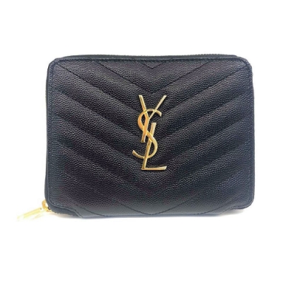 YSL MONOGRAM系列金色LOGO V字縫線魚子醬拉鍊短夾(黑金)