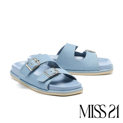 拖鞋 MISS 21 微酸少女休閒牛仔布純色方釦雙繫帶方頭厚底拖鞋－淺藍
