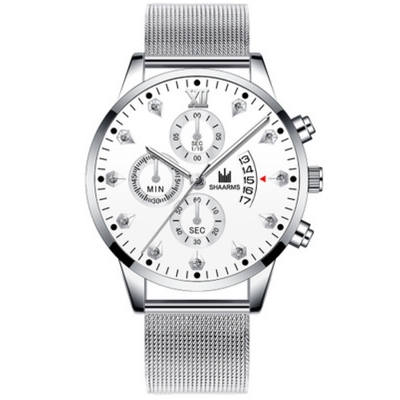 SHAARMS 輕奢晶鑽大視窗仿三眼日曆米蘭帶手錶-銀帶白面/42mm