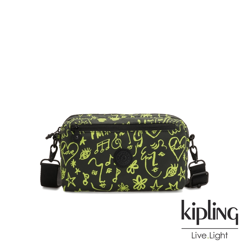 Kipling Christine Lau聯名款-俏皮螢光綠音樂塗鴉方形腰包-HALIMA