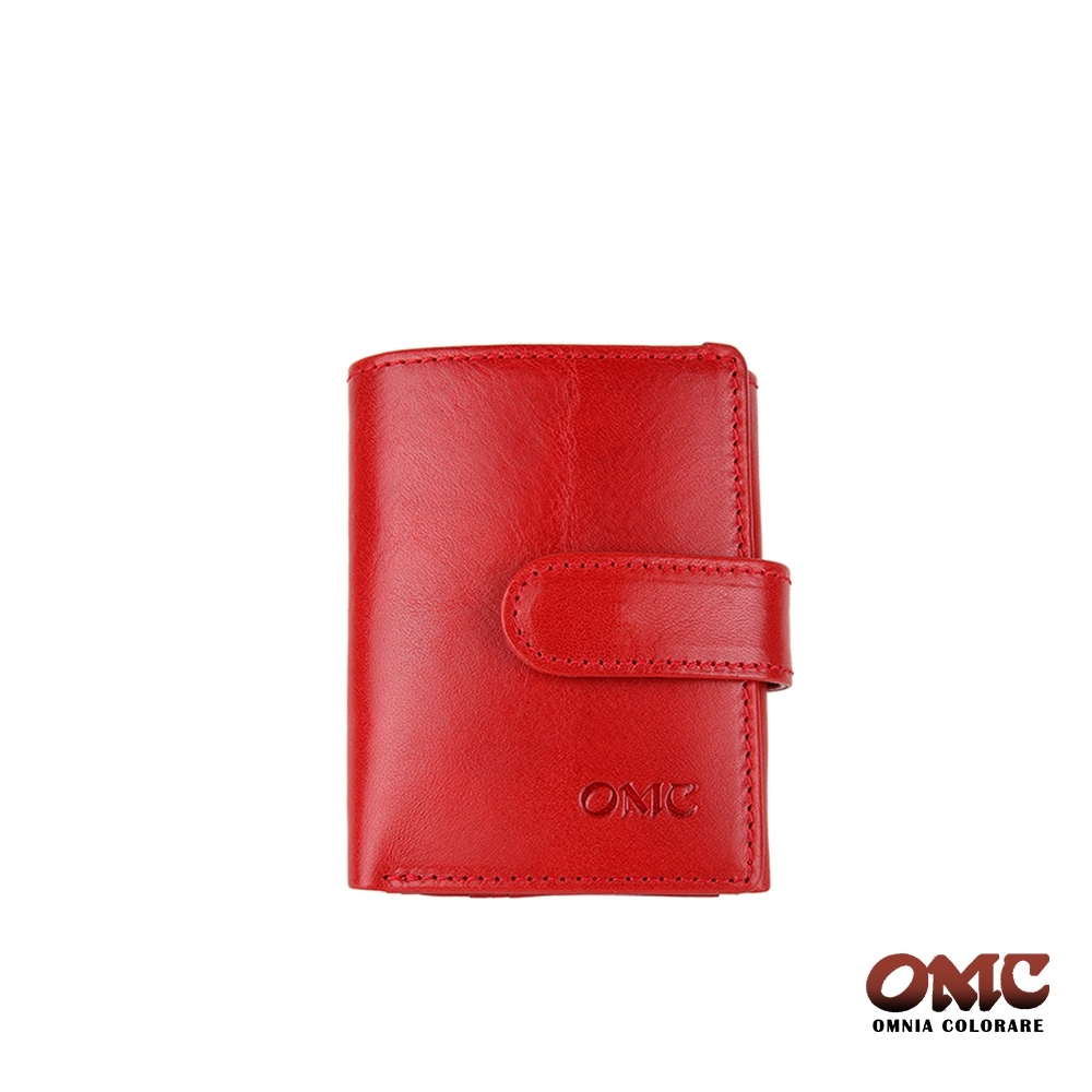 【OMC】義大利進口牛皮舌片壓扣4卡超輕巧零錢皮夾短夾錢包-紅色