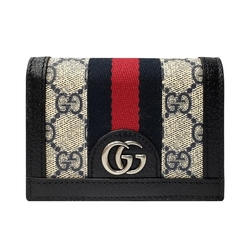 【GUCCI 古馳】523155 經典Ophidia GG印花帆布牛皮飾邊暗釦卡夾/零錢包(藍黑色)