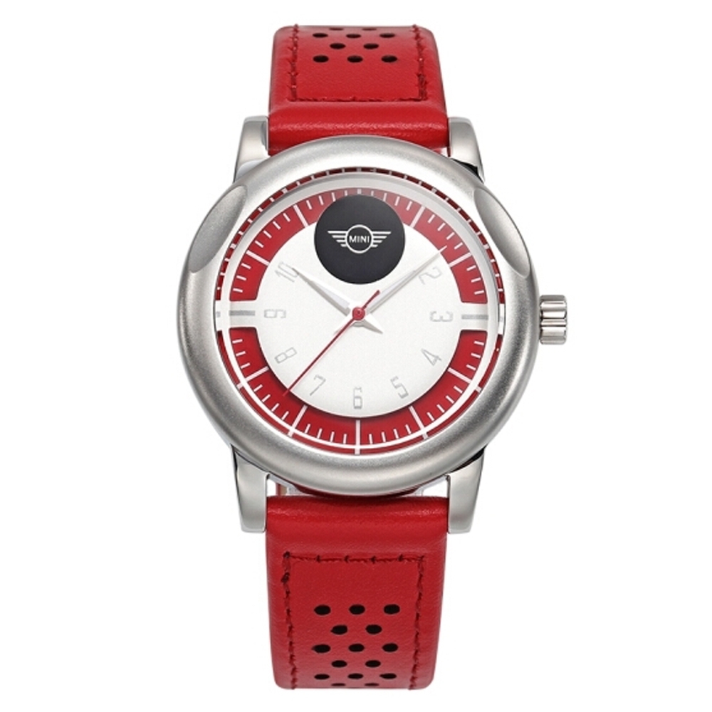 MINI Swiss Watches 石英錶  35mm 紅白雙色錶面 紅色洞洞皮錶帶