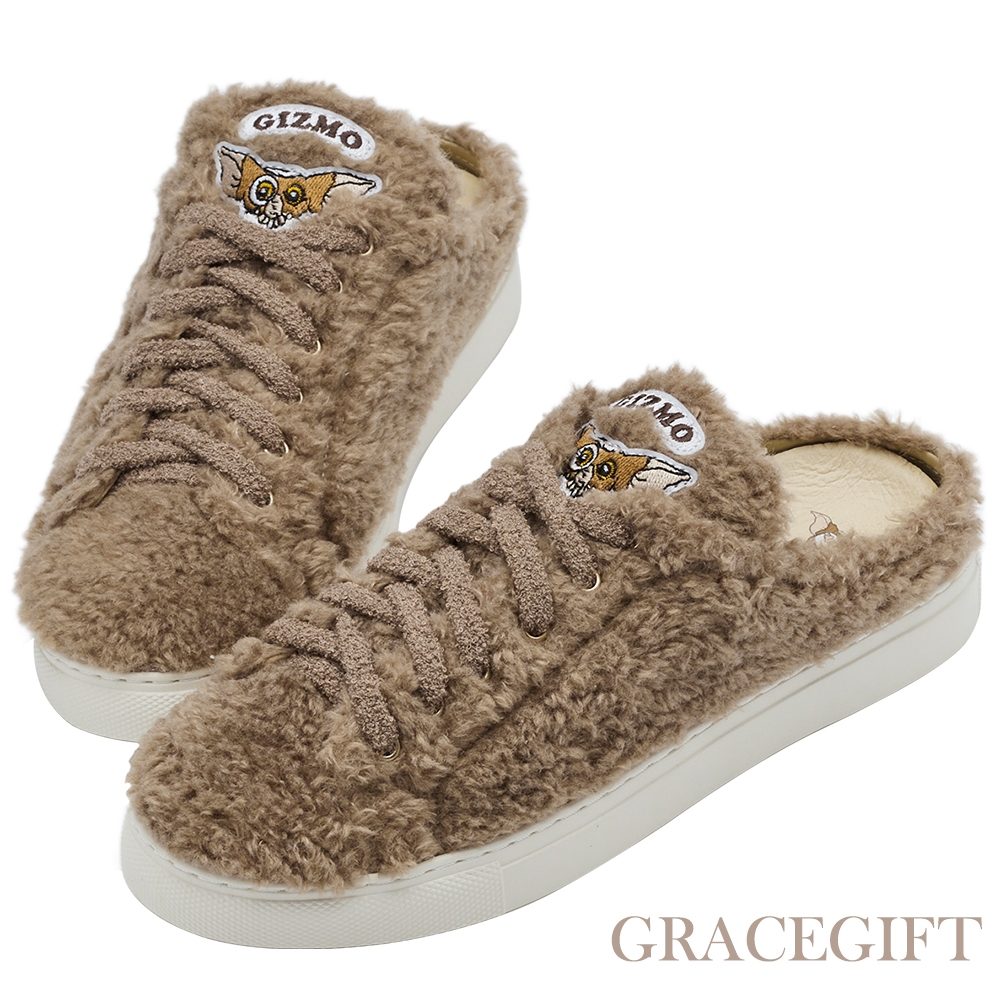 【Grace Gift】GREMLINS-小精靈毛毛穆勒休閒鞋 深棕