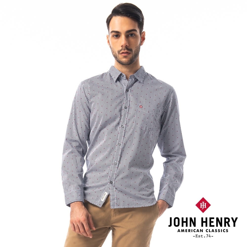 【JOHN HENRY】直條方形相間長袖襯衫-藍