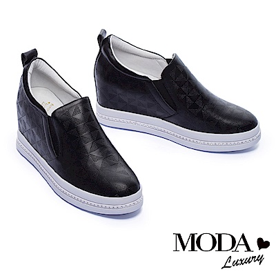 休閒鞋 MODA Luxury 簡約率性幾何沖孔全真皮內增高厚底休閒鞋－黑