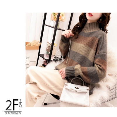 2F韓衣-高領拼接色螺紋造型毛衣-2色-F