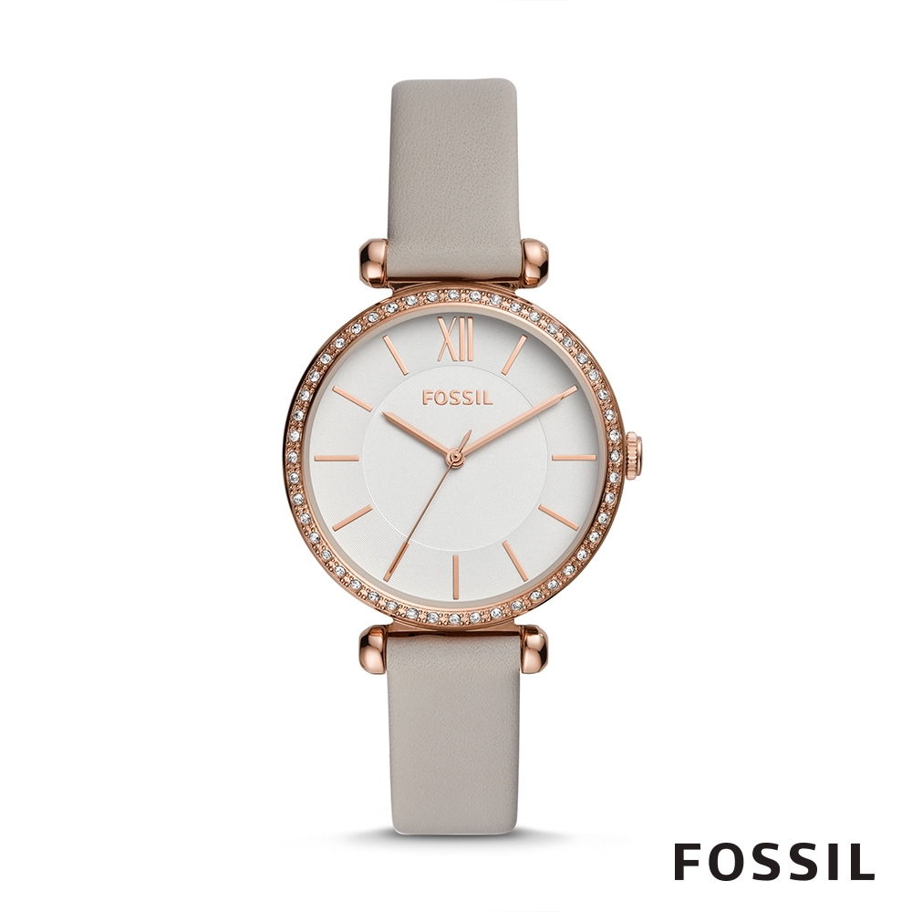 FOSSIL TILLIE 優雅鑲鑽皮革女錶-灰色 36MM BQ3500